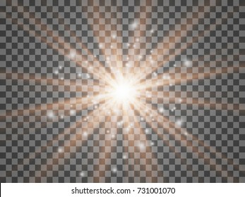 Set of golden glowing lights effects isolated on transparent background. Sun flash with rays and spotlight. Glow light effect. Star burst with sparkles.