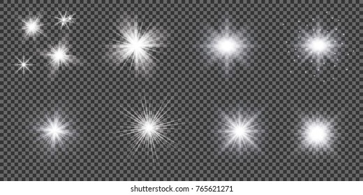 Set of golden glowing lights effects isolated on transparent background. Sun flash with rays and spotlight. Glow light effect. Star burst with sparkles.