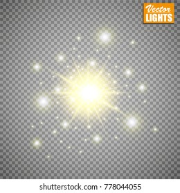 Set of golden glowing lights effects isolated on transparent background. Sun flash with rays and spotlight. Glow light effect. Star burst with sparkles.
