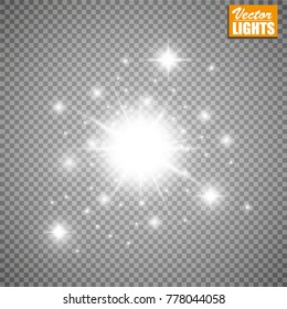 Set of golden glowing lights effects isolated on transparent background. Sun flash with rays and spotlight. Glow light effect. Star burst with sparkles.
