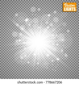 Set of golden glowing lights effects isolated on transparent background. Sun flash with rays and spotlight. Glow light effect. Star burst with sparkles.
