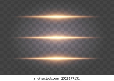 Conjunto de líneas doradas brillantes. Horizontales rayos brillantes, mágica luz de neón.