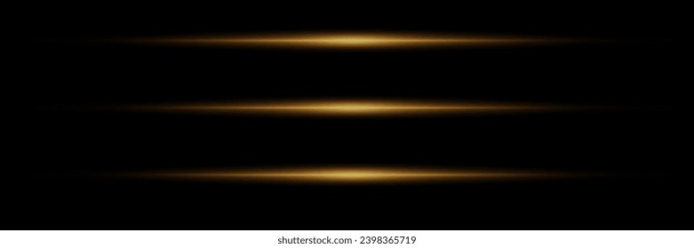 Set of golden glowing rays and glare of light, neon line on a black background. Vector illustration