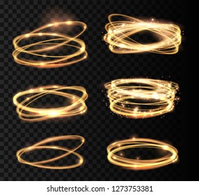 Set Golden glowing shiny spiral lines and circle light effect.  Abstract Glowing light fire ring trace. Magic sparkle circle light collection. Vector illuastration