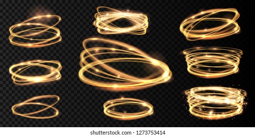 Set Golden glowing shiny spiral lines and circle light effect.  Abstract Glowing light fire ring trace. Magic sparkle circle light collection. Vector illuastration