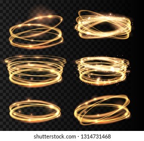 Set Golden glowing shiny spiral lines and circle light effect.  Abstract Glowing light fire ring trace. Magic sparkle circle light collection. Vector illuastration
