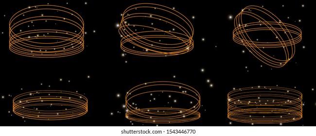 Set Golden glowing shiny spiral lines and circle light effect. Abstract Glowing light fire ring trace. Magic sparkle circle light collection. Vector illuastration