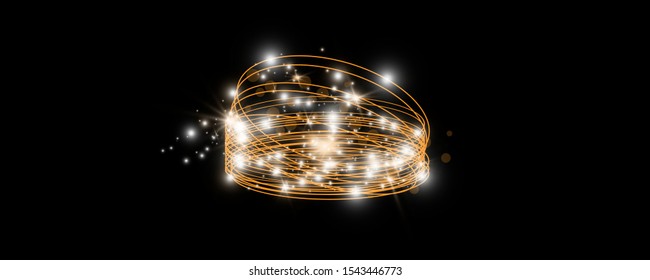 Set Golden glowing shiny spiral lines and circle light effect. Abstract Glowing light fire ring trace. Magic sparkle circle light collection. Vector illuastration