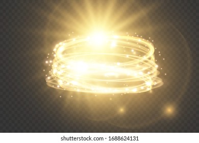 Set Golden glowing shiny spiral lines and circle light effect. Abstract Glowing light fire ring trace. Magic sparkle circle light collection. Vector illuastration