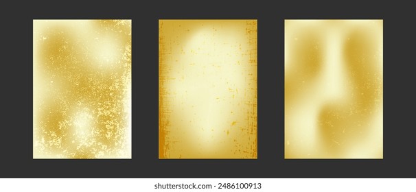 Set of golden gradient grunge backgrounds. Luxurious and sophisticated gold A4 template, perfect for cover, wedding invitation, print or decoration.