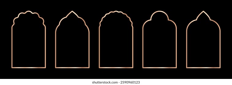 Set of golden gradient Islamic, arab line arch, frame vector icons