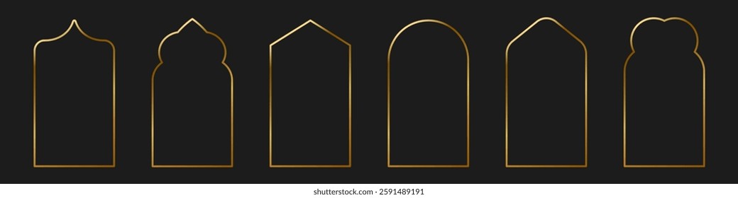 Set of golden gradient Islamic, arab line arch, frame vector icons