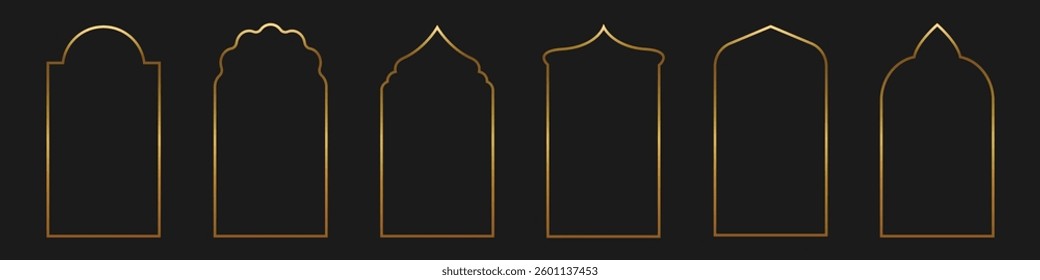 Set of golden gradient Islamic, arab line arch, frame vector icons