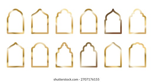 Conjunto de degradado dorado islámico, arco de línea árabe, etiquetas de borde de marco iconos vectoriales. Ventana de Vector dorado, colección de la puerta. Cúpulas de la mezquita de Ramadán Kareem y Eid Mubarak. Estilo oriental. Copiar espacio.