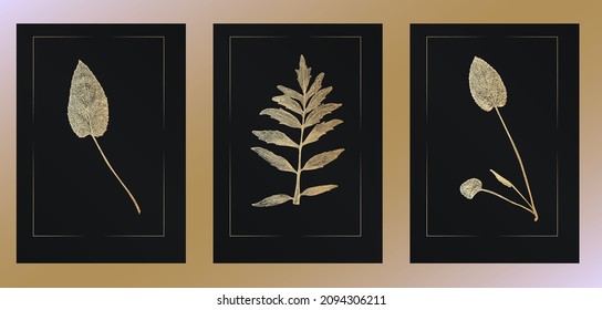 Set of golden gradient skeleton leaves on black gradient background with thin frame.