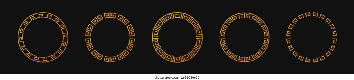 Set of golden greek-inspired circular frames on a dark background, perfect for decorative and design purposes.