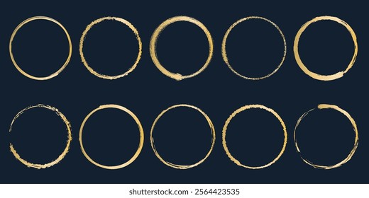 Set of golden grunge circular frames. Golden paint brush round rims. Empty circle clip art, vector graphic