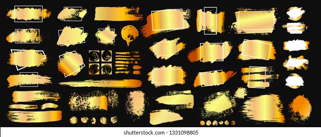 Set of golden grunge hand drawn rough box torn shapes. Edge foil frames. Distressed brush strokes, blots, borders and gold dividers. Vector illustration. Isolated on black background.