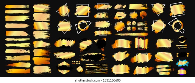 Set Of Golden Grunge Hand Drawn Rough Box Torn Shapes. Edge Foil Frames. Distressed Brush Strokes, Blots, Borders And Gold Dividers. Vector Illustration. Isolated On Black Background.