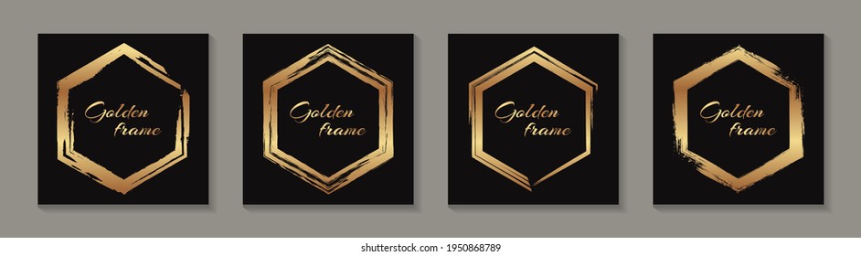 Set of golden grunge hexagon frames on a black background.