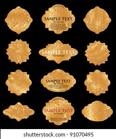 set of golden grunge labels for different products like food, beverages, cosmetics etc.