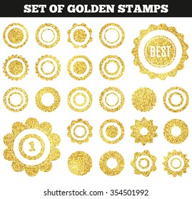 Set of golden grunge stamp. Round shapes. Vector illustration for premium design. Yellow and white colors. Collection gold frame for luxury style. Vip border for rich card.