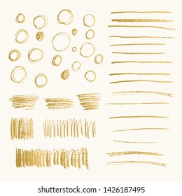 Set of golden hand drawn doodle pencil scribbles. Handmade texture. Glitter shapes with rough edges. Vector isolated illustration.
