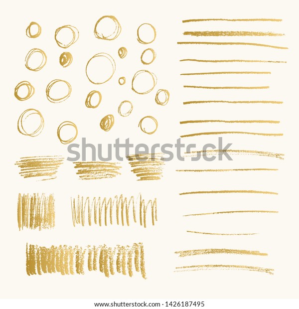 Set of golden hand drawn doodle pencil\
scribbles. Handmade texture. Glitter shapes with rough edges.\
Vector isolated\
illustration.