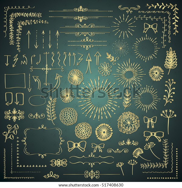 Set of Golden Hand\
Drawn Doodle Design Elements. Rustic Decorative Frame Borders,\
Dividers, Arrows, Swirls, Branches, Banners, Frames, Corners,\
Objects. Vector\
Illustration
