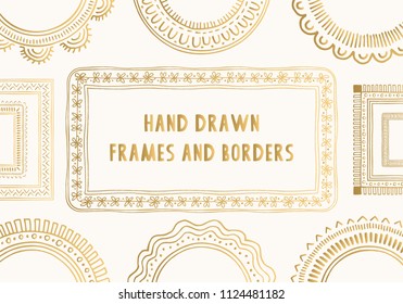 Set of golden hand drawn frames and borders. Creative oriental interior print.