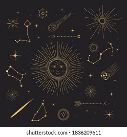 Set of golden hand drawn space elements. Constellations, boho design doodle. Gold celestial sun with face, star, comet, planet, zodiac sign, hands, crescent moon, starburst, arrows. Boho doodle.