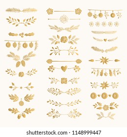 Set of golden hand drawn winter text decoration. Gold foil dividers and separators.