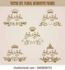 Set of golden hand-drawn floral elements, crowns, text mr and mrs for decoration of wedding, greeting card, invitation. Vintage design. Vector illustration.