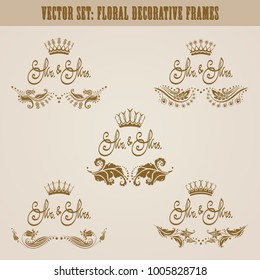 Set of golden hand-drawn floral elements, crowns, text mr and mrs for decoration of wedding, greeting card, invitation. Vintage design. Vector illustration.