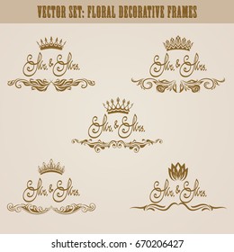 Set of golden hand-drawn floral elements, crowns, text mr and mrs for decoration of wedding, greeting card, invitation. Vintage design. Vector illustration.