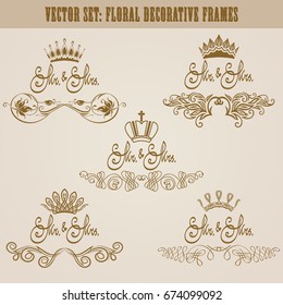 Set of golden hand-drawn floral elements, crowns, text mr and mrs for decoration of wedding, greeting card, invitation. Vintage design. Vector illustration.