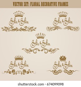 Set of golden hand-drawn floral elements, crowns, text mr and mrs for decoration of wedding, greeting card, invitation. Vintage design. Vector illustration.