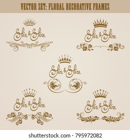 Set of golden hand-drawn floral elements, crowns, text mr and mrs for decoration of wedding, greeting card, invitation. Vintage design. Vector illustration.