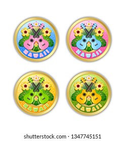 Set of golden Hawaii badges in Polynesian style with floral decoration and ukuleles on white background.