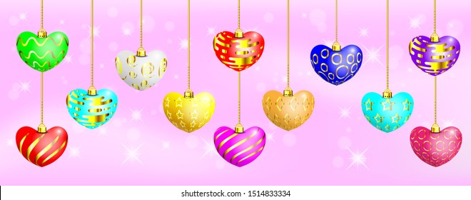 Set of golden heart vector Christmas balls on pink background. Colorful christmas balls heart vector. Decorative elements for holiday new year design. Vector illustration.