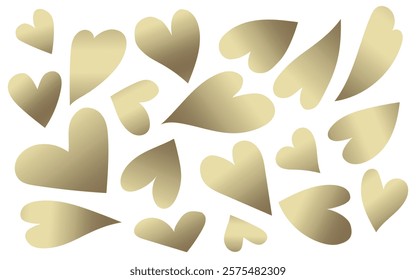 Set of golden hearts in different pose. Vector symbol icon hearts set. Collection of golden love heart illustrations hand drawn. Doodle hearts collection.