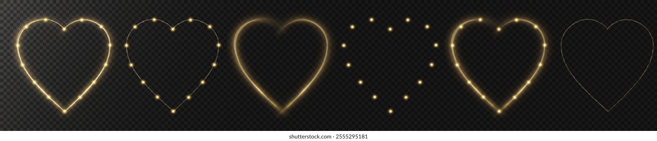 

Set of golden hearts with flashes on transparent background. Effect for holiday cards, banners, invitations. Wire with bulbs in the shape of a heart glows. PNG image