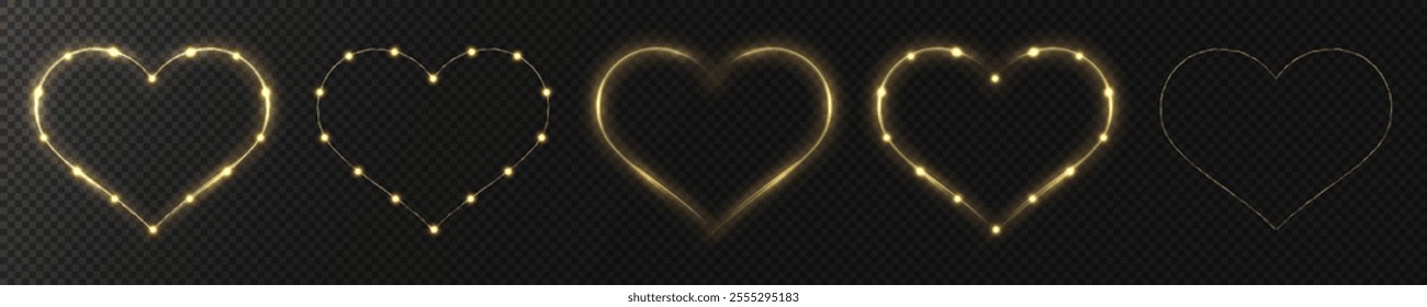 

Set of golden hearts with flashes on transparent background. Effect for holiday cards, banners, invitations. Wire with bulbs in the shape of a heart glows. PNG image