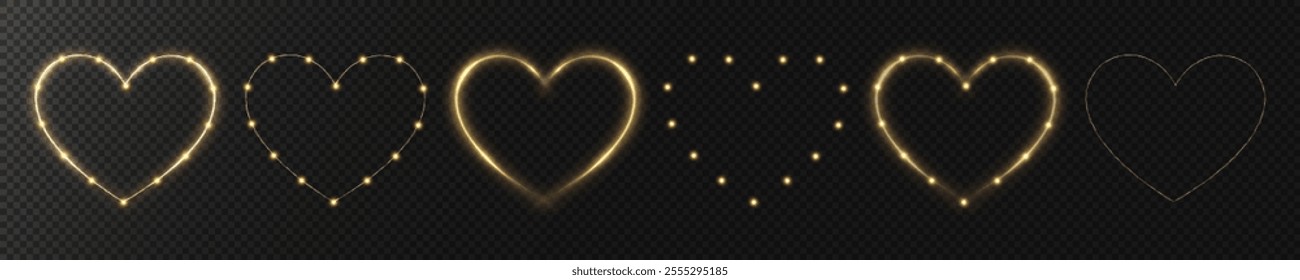 

Set of golden hearts with flashes on transparent background. Effect for holiday cards, banners, invitations. Wire with bulbs in the shape of a heart glows. PNG image