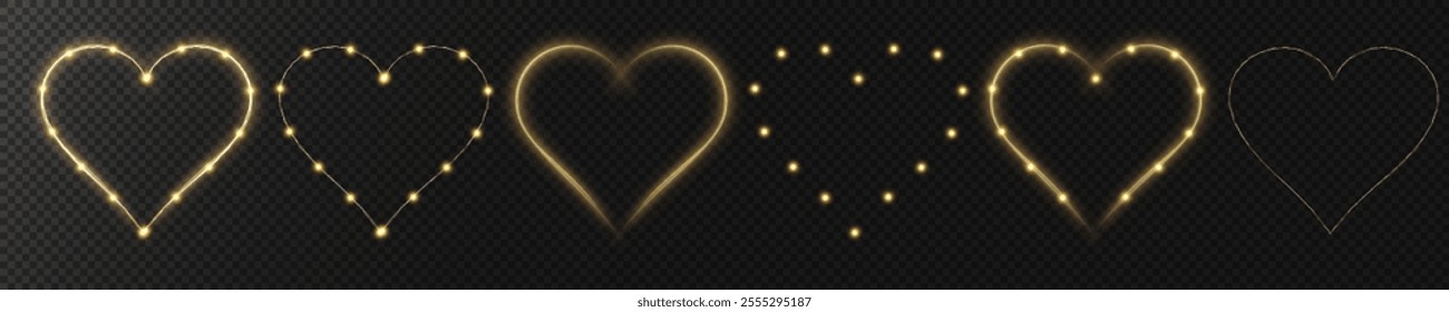 

Set of golden hearts with flashes on transparent background. Effect for holiday cards, banners, invitations. Wire with bulbs in the shape of a heart glows. PNG image