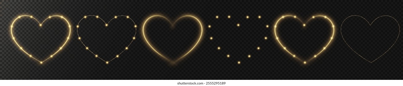 

Set of golden hearts with flashes on transparent background. Effect for holiday cards, banners, invitations. Wire with bulbs in the shape of a heart glows. PNG image