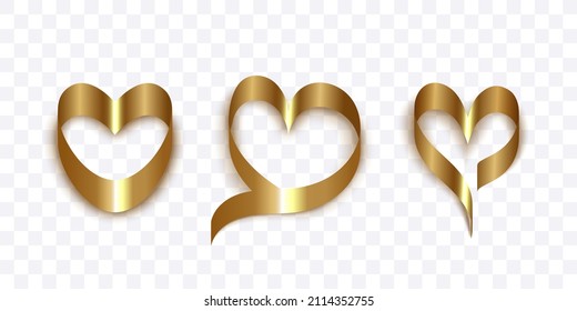 Set of golden hearts. Golden ribbon heart. Vector hearts isolated on a transparent background.