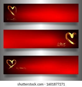 Set golden Hearts vector banners Valentine's day with copy space. Hand drawn icon gold brush stroke style. Gold luxury heart on red background. Useful for web site, greeting card Creative art sketch 
