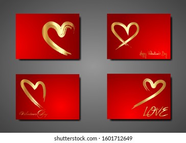 Set golden Hearts vector, hand drawn icon gold brush stroke style. Trendy heart isolated on red background. Useful for web site, greeting card and Valentine's day. Creative art sketch with copy space