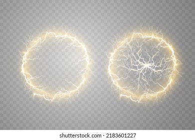 Set of golden hologram portal. Magical and fantastic portal. Magic circular podium for teleportation with a hologram effect on a transparent background. Vector golden glow rays with sparks.
